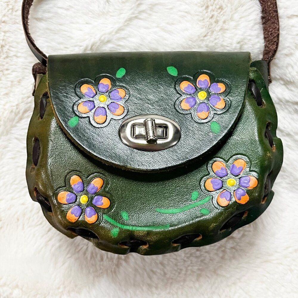 Made in Mexico Green Leather Floral Colorful Tooled Mini Crossbody Bag - Picture 2 of 15